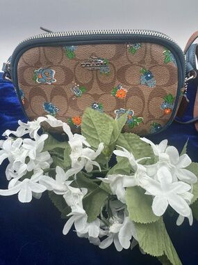 Coach Floral Signature Crossbody Pouch in Brown, Blue & Orange EUC